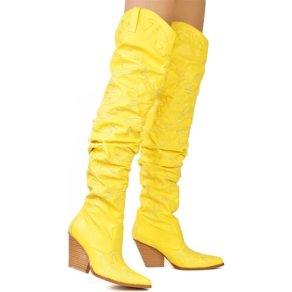 Women Yellow Fabric Thigh High Over The Knee Pointed Toe Chunky Heel Boot - Picture 3 of 3